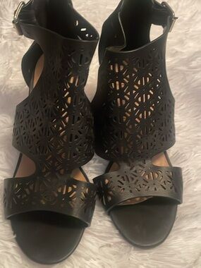 BAMBOO Black Laser-Cut High Heel Sandals